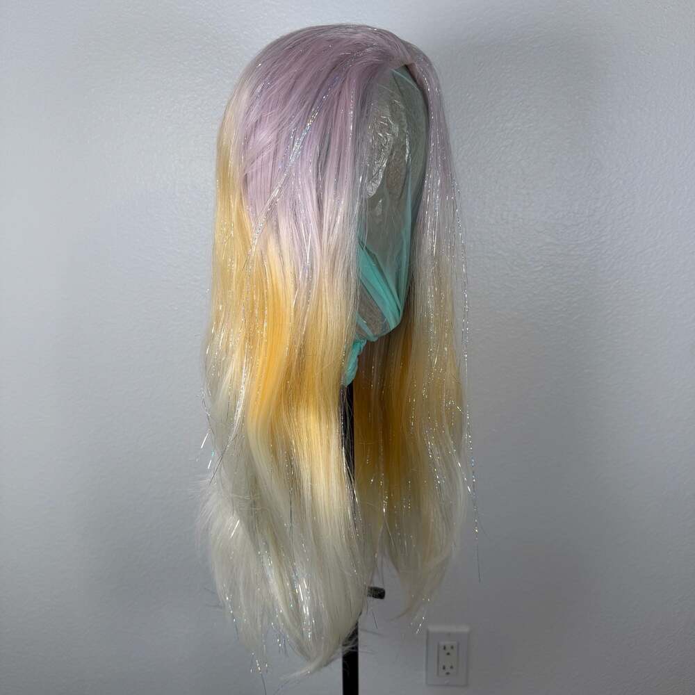 Light Pink/Purple to Blonde Ombre Tinsel Long Straight Synthetic Wig